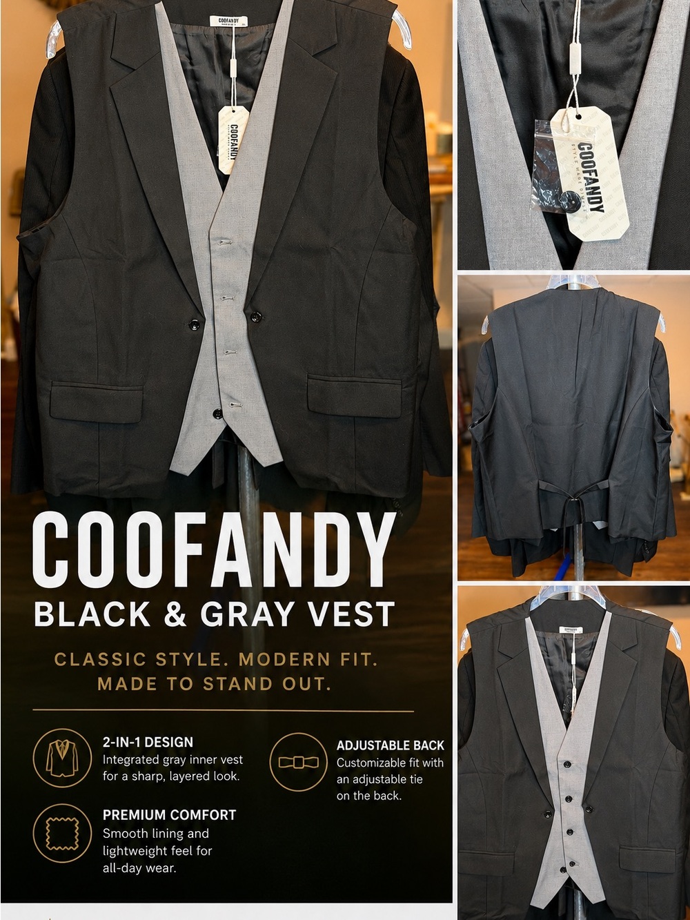 COOFANDY Black Blazer with Gray Integrated Vest